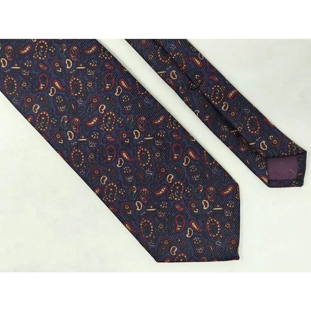 POLO RALPH LAUREN SILK TIE NAVY BLUE TAN RED PAISLEY TEXTURED 3.25" X 57"